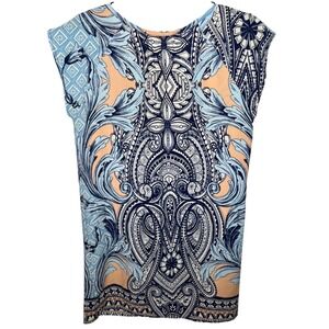 Fraiche by J Women's M Paisley Print Cap Sleeve V-Neck Dress Peach Blue